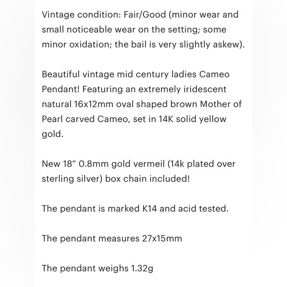 Vintage 14K Gold Cameo Pendant: Brown Mother of Pearl Mid Century Necklace - Picture 13 of 13